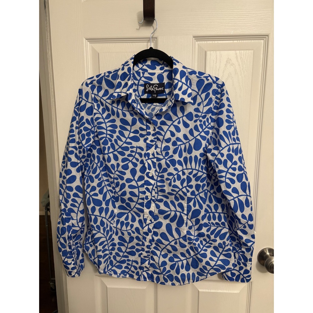 Lesley‎ Evers | Blue White Fern Button Down Cotton Women's Sz L
